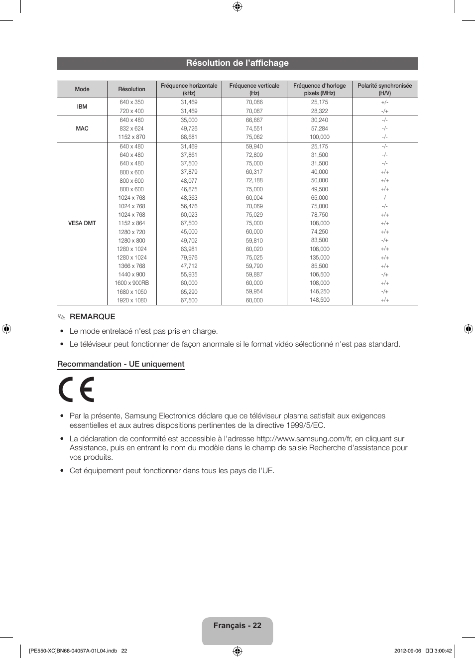 Résolution de l’affichage | Samsung PS60E550D1W User Manual | Page 44 / 88