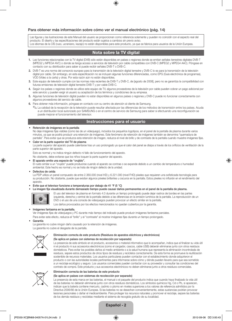 Nota sobre la tv digital, Instrucciones para el usuario | Samsung PS60E550D1W User Manual | Page 46 / 88