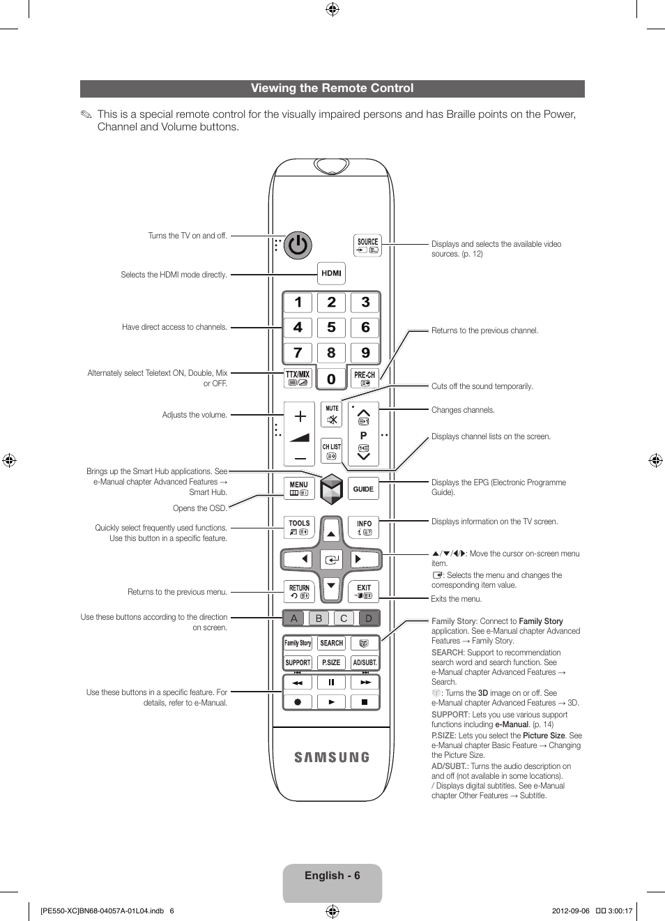 Viewing the remote control | Samsung PS60E550D1W User Manual | Page 6 / 88