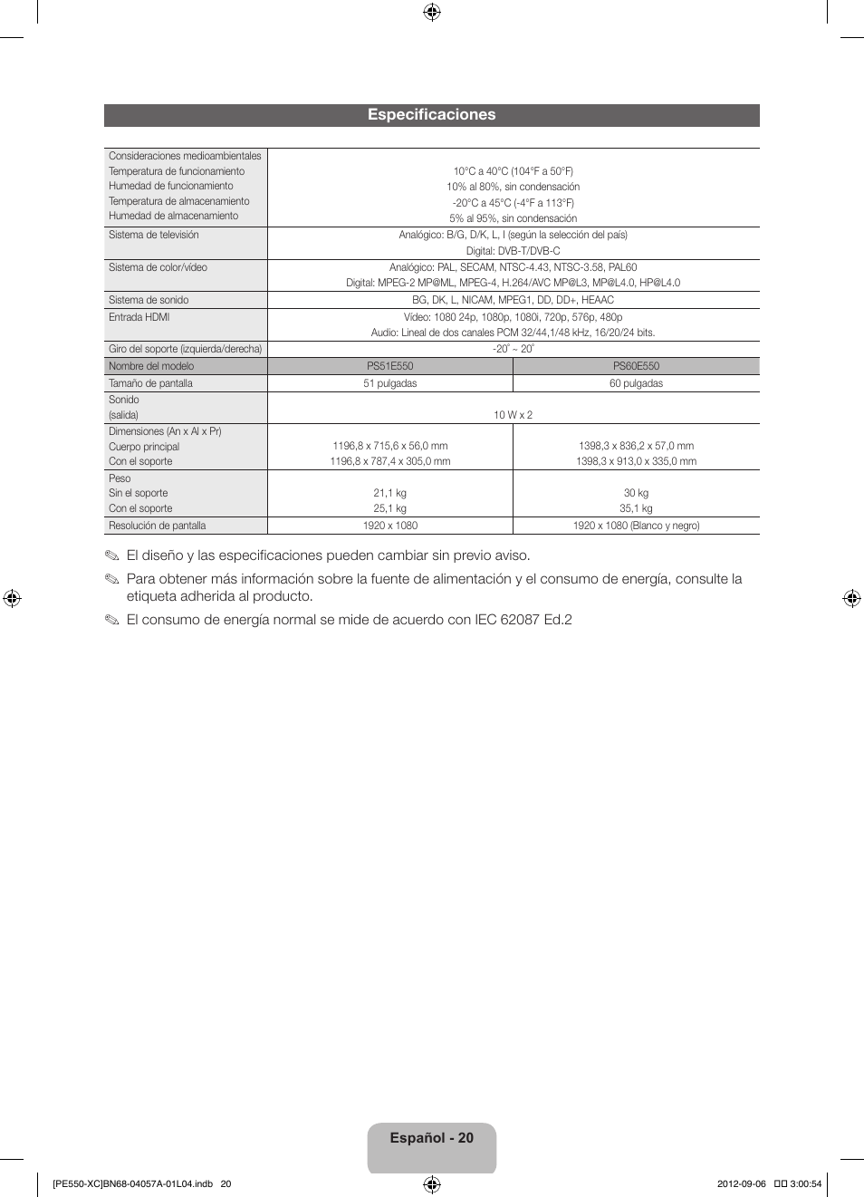 Especificaciones | Samsung PS60E550D1W User Manual | Page 64 / 88