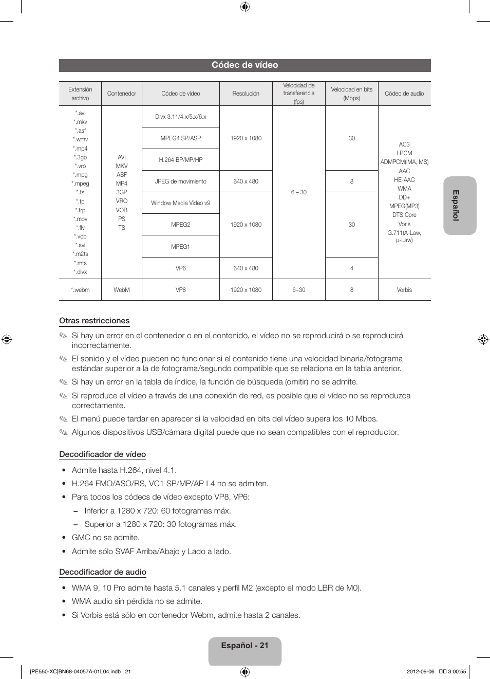 Códec de vídeo | Samsung PS60E550D1W User Manual | Page 65 / 88