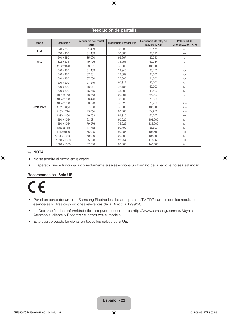 Resolución de pantalla | Samsung PS60E550D1W User Manual | Page 66 / 88