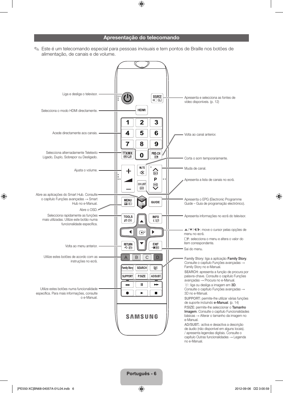 Apresentação do telecomando | Samsung PS60E550D1W User Manual | Page 72 / 88