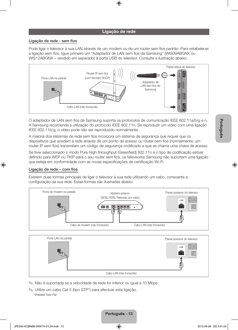 Ligação de rede | Samsung PS60E550D1W User Manual | Page 79 / 88