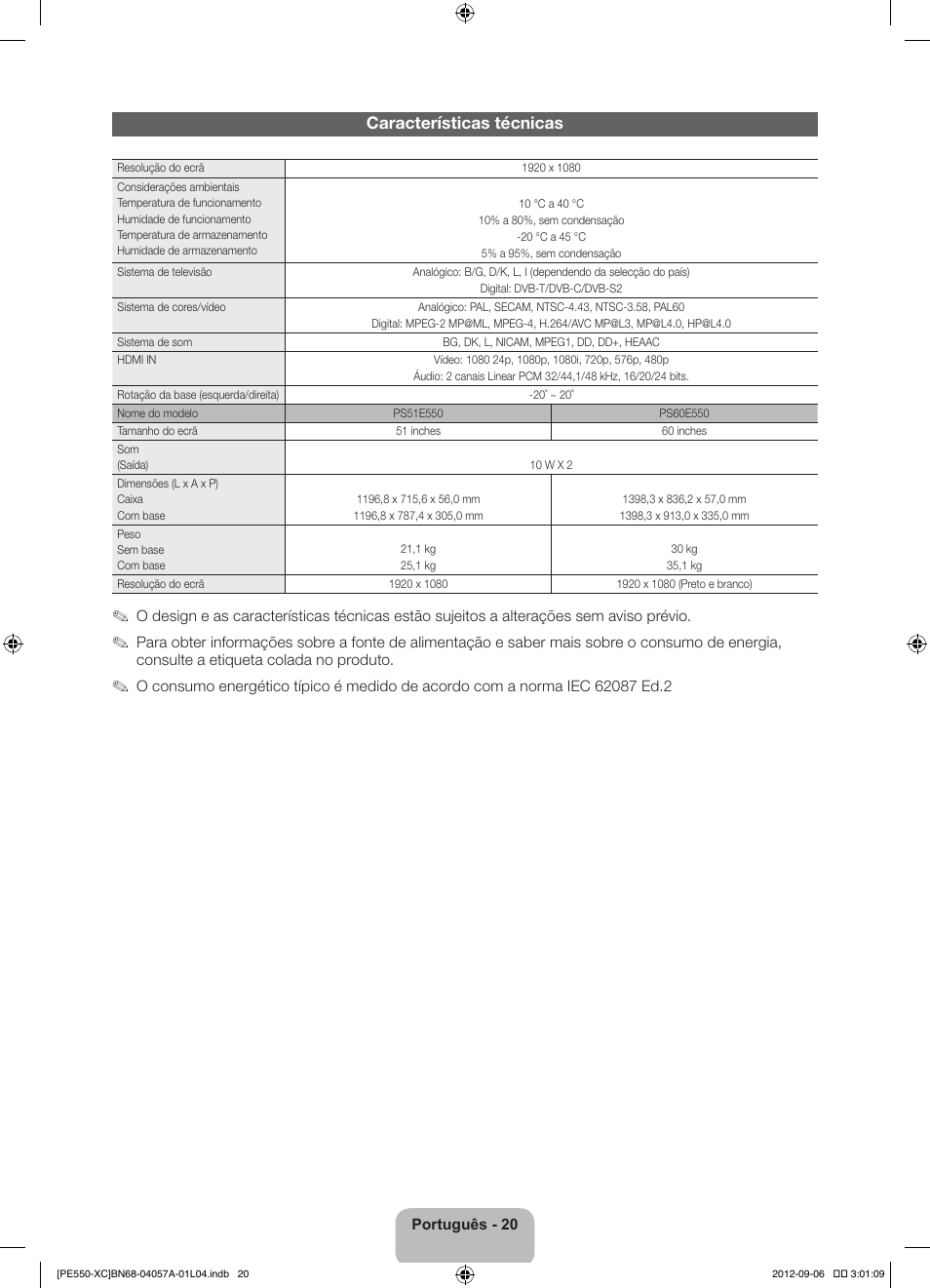 Características técnicas | Samsung PS60E550D1W User Manual | Page 86 / 88