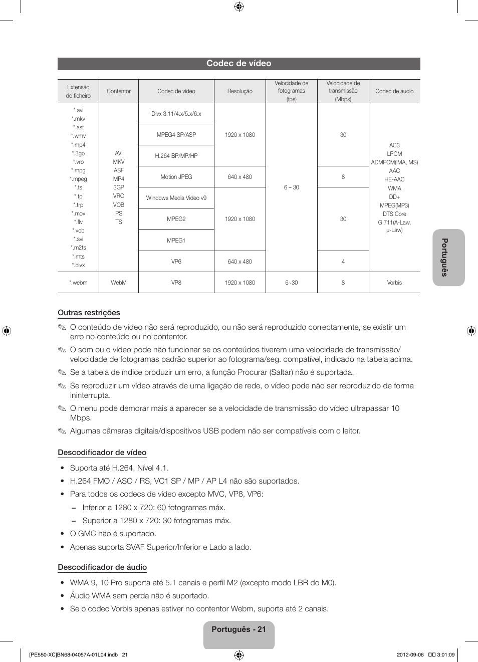 Codec de vídeo | Samsung PS60E550D1W User Manual | Page 87 / 88