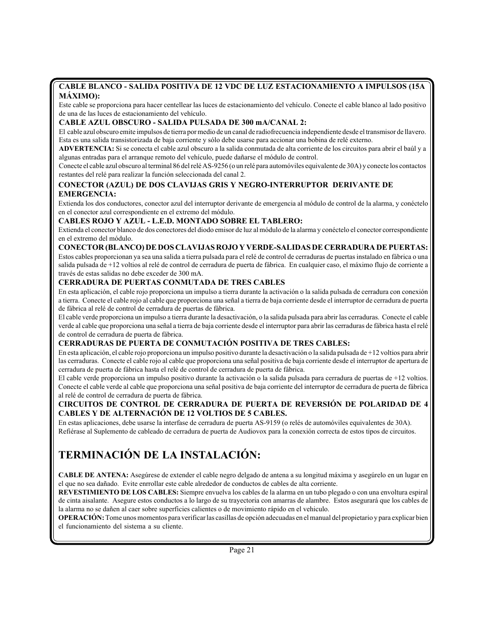 Terminación de la instalación | Audiovox PS-230i User Manual | Page 22 / 24