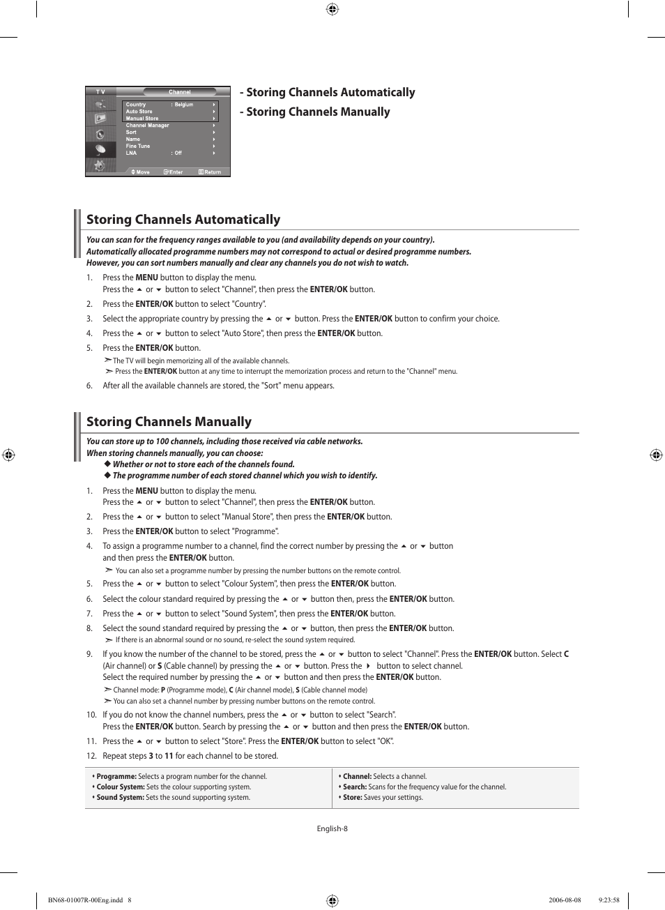 Setting the channels, Storing channels automatically, Storing channels manually | Samsung LE37S73BD User Manual | Page 10 / 81