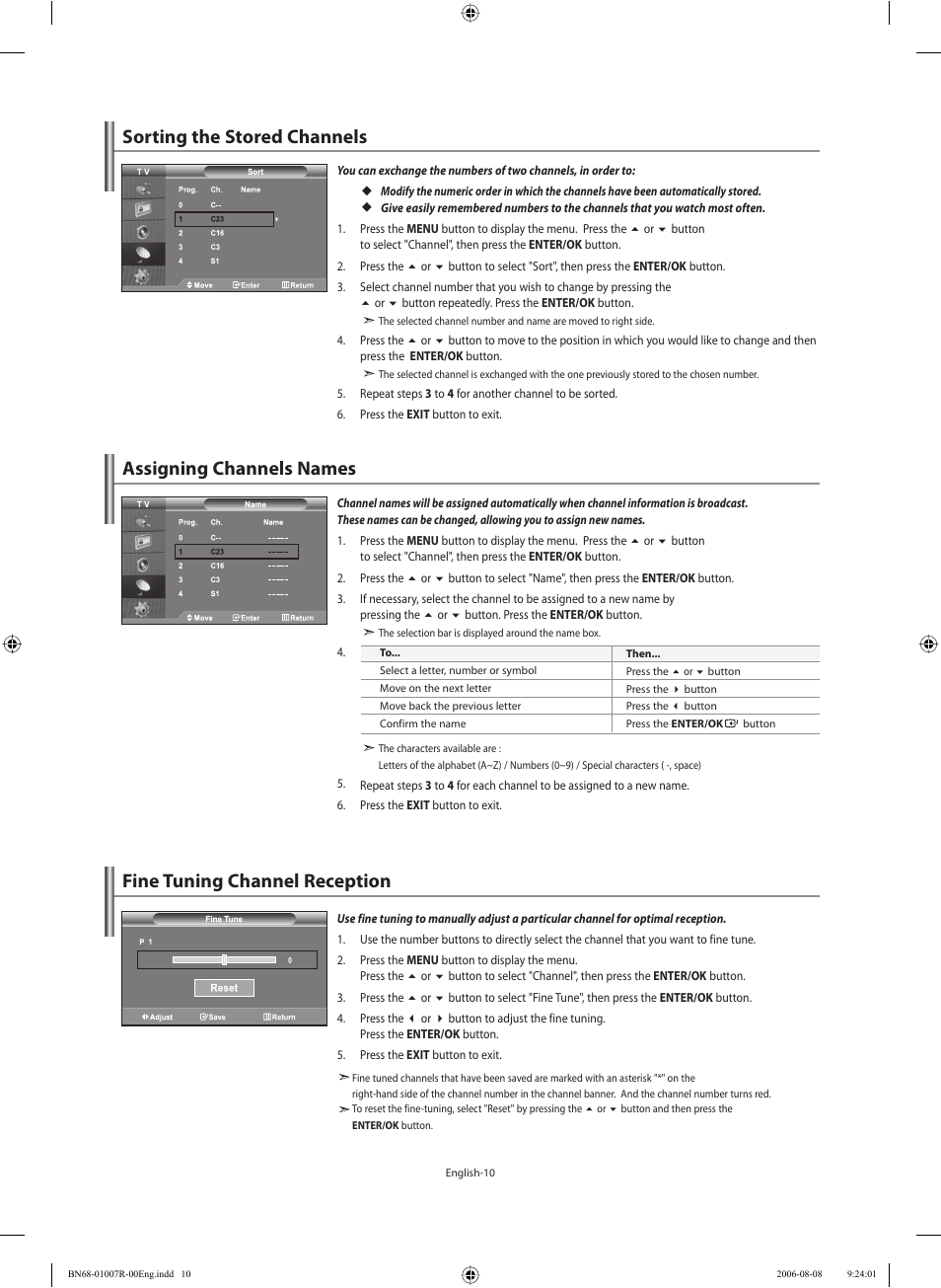 Sorting the stored channels, Assigning channels names, Fine tuning channel reception | Samsung LE37S73BD User Manual | Page 12 / 81