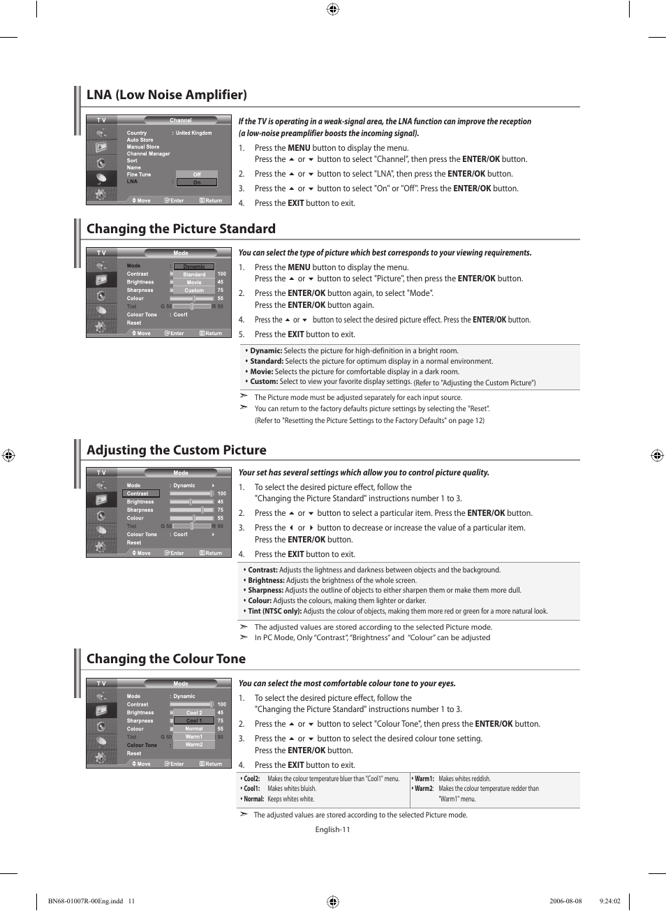 Lna (low noise amplifier), Setting the picture, Changing the picture standard | Adjusting the custom picture, Changing the colour tone | Samsung LE37S73BD User Manual | Page 13 / 81
