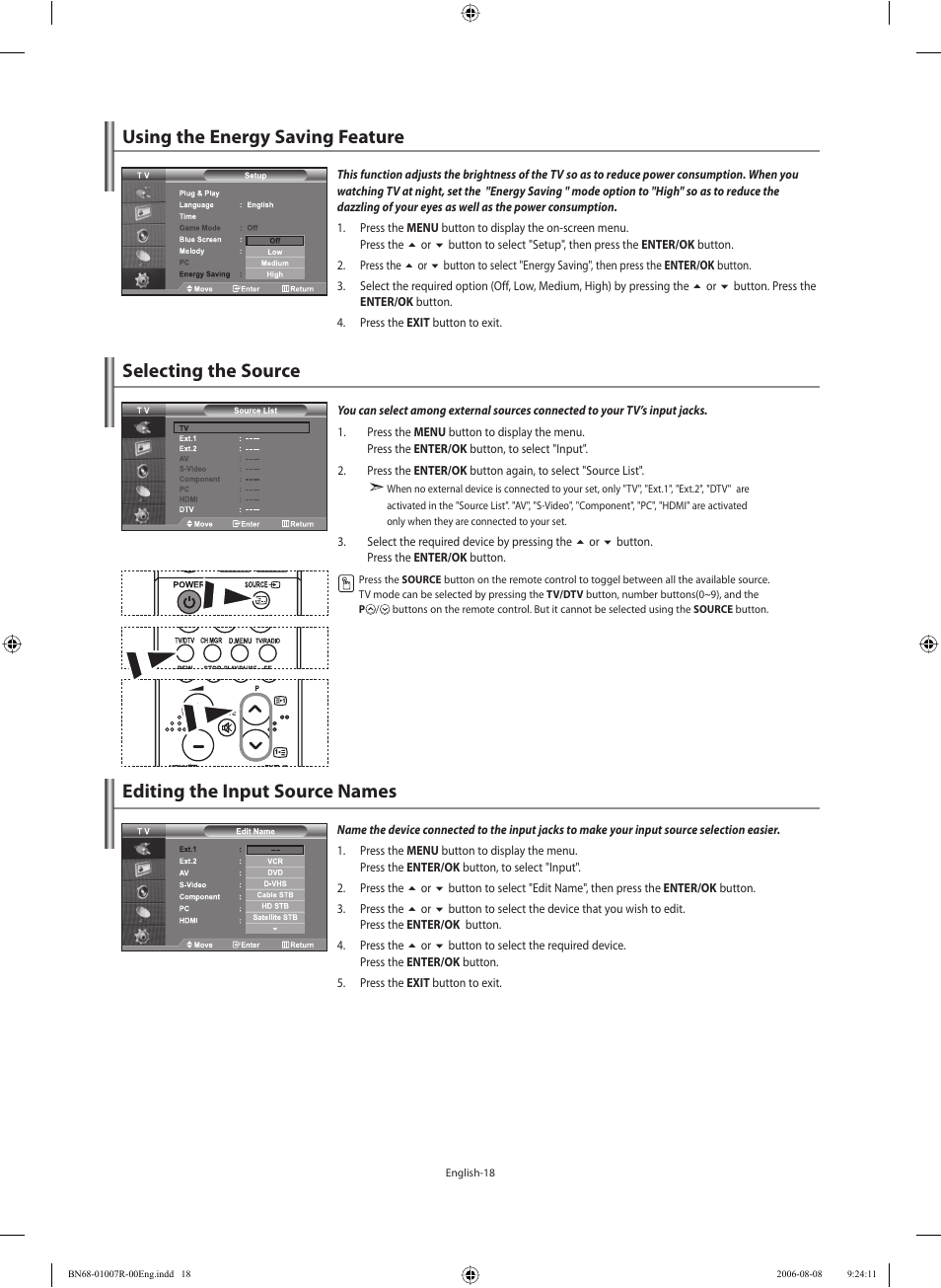 Using the energy saving feature, Selecting the source, Editing the input source names | Samsung LE37S73BD User Manual | Page 20 / 81