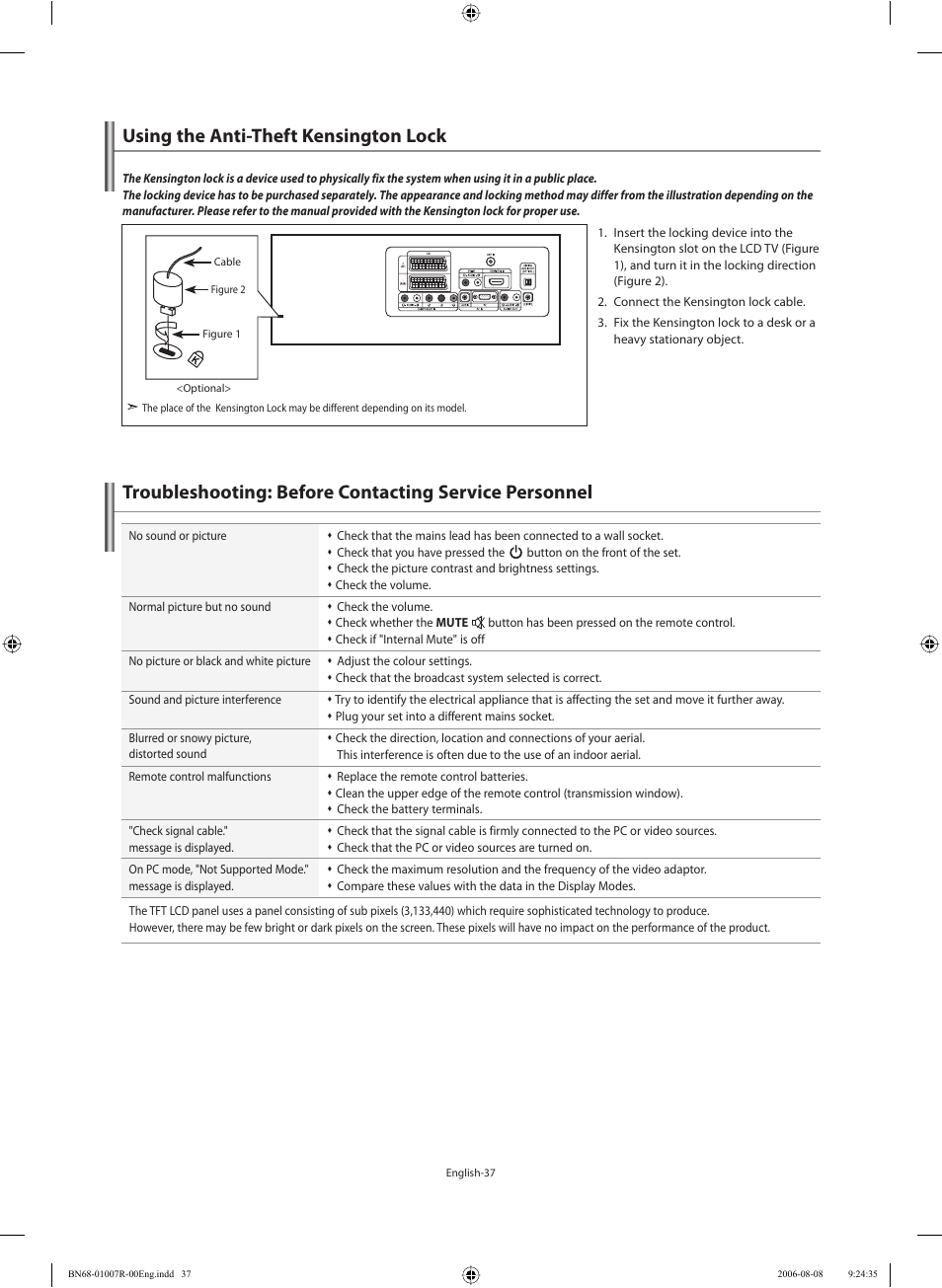 Recommendations for use, Using the anti-theft kensington lock | Samsung LE37S73BD User Manual | Page 39 / 81