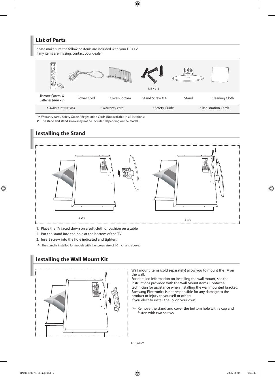 Connecting and preparing your tv, List of parts, Installing the stand | Installing the wall mount kit | Samsung LE37S73BD User Manual | Page 4 / 81