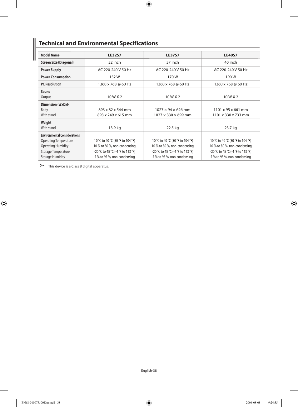 Technical and environmental specifications | Samsung LE37S73BD User Manual | Page 40 / 81