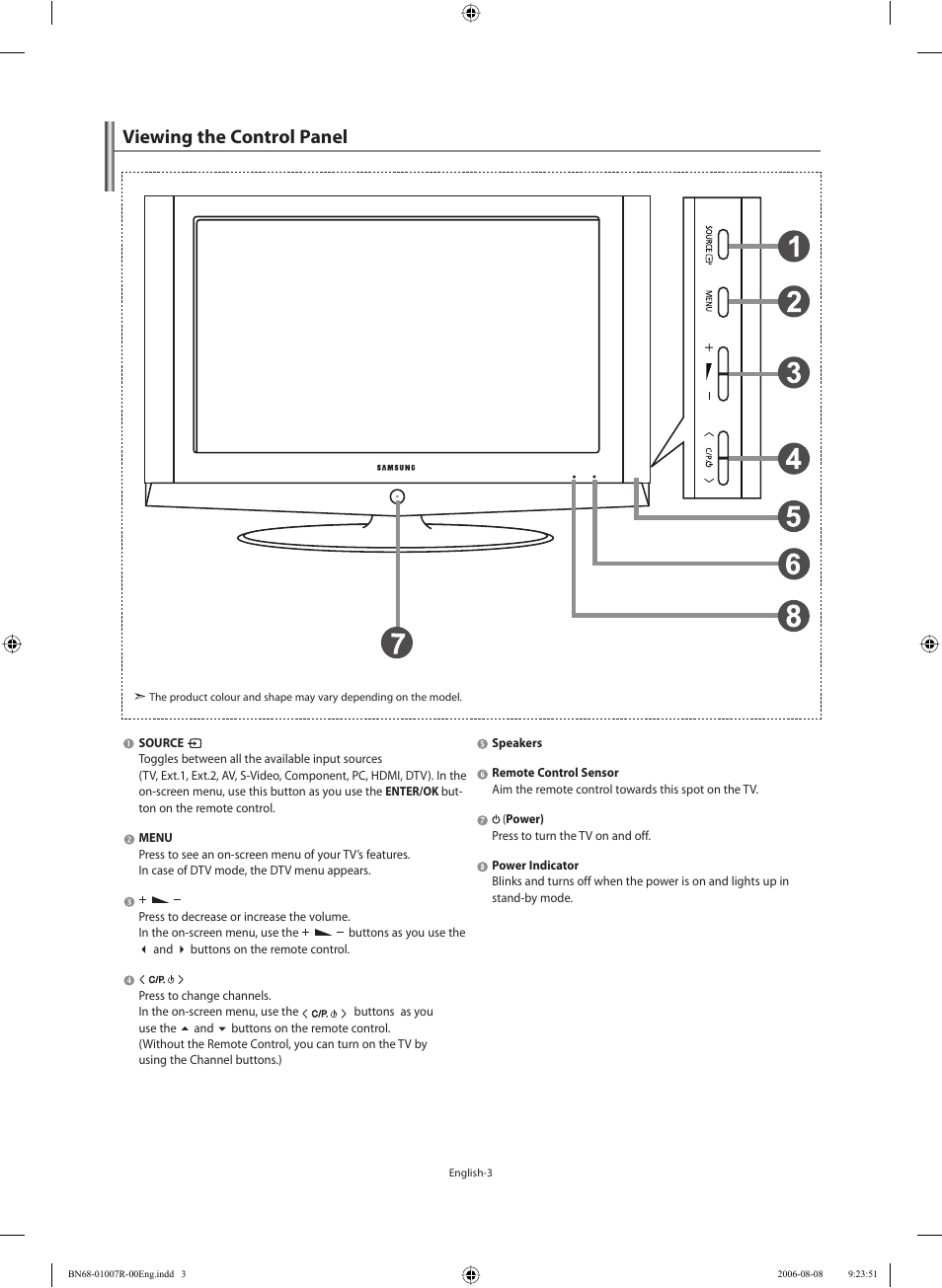 Viewing the control panel | Samsung LE37S73BD User Manual | Page 5 / 81