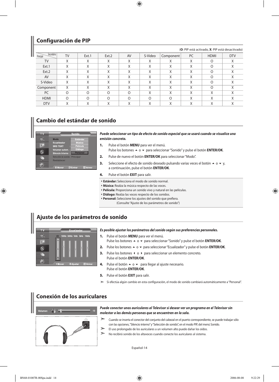 Cambio del estándar de sonido, Ajuste de los parámetros de sonido, Configuración de pip | Conexión de los auriculares | Samsung LE37S73BD User Manual | Page 55 / 81