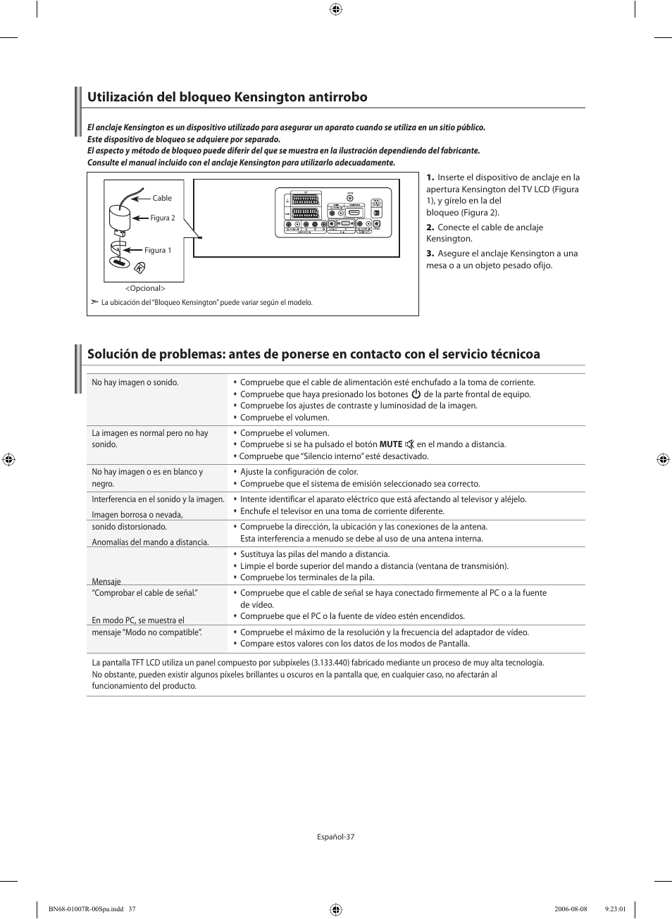 Utilización del bloqueo kensington antirrobo | Samsung LE37S73BD User Manual | Page 78 / 81