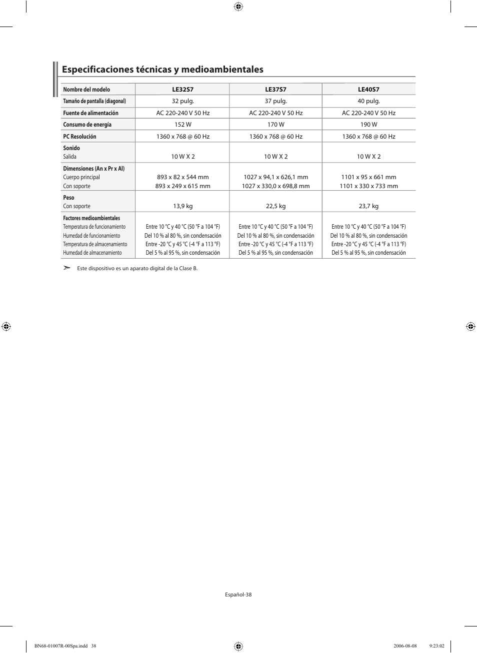 Especificaciones técnicas y medioambientales | Samsung LE37S73BD User Manual | Page 79 / 81