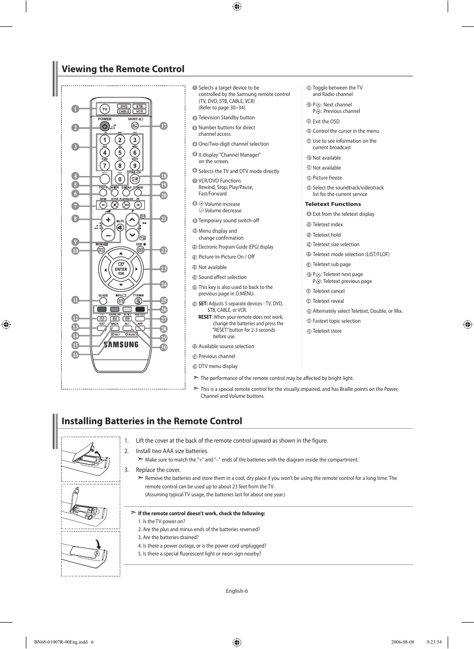 Viewing the remote control, Installing batteries in the remote control | Samsung LE37S73BD User Manual | Page 8 / 81