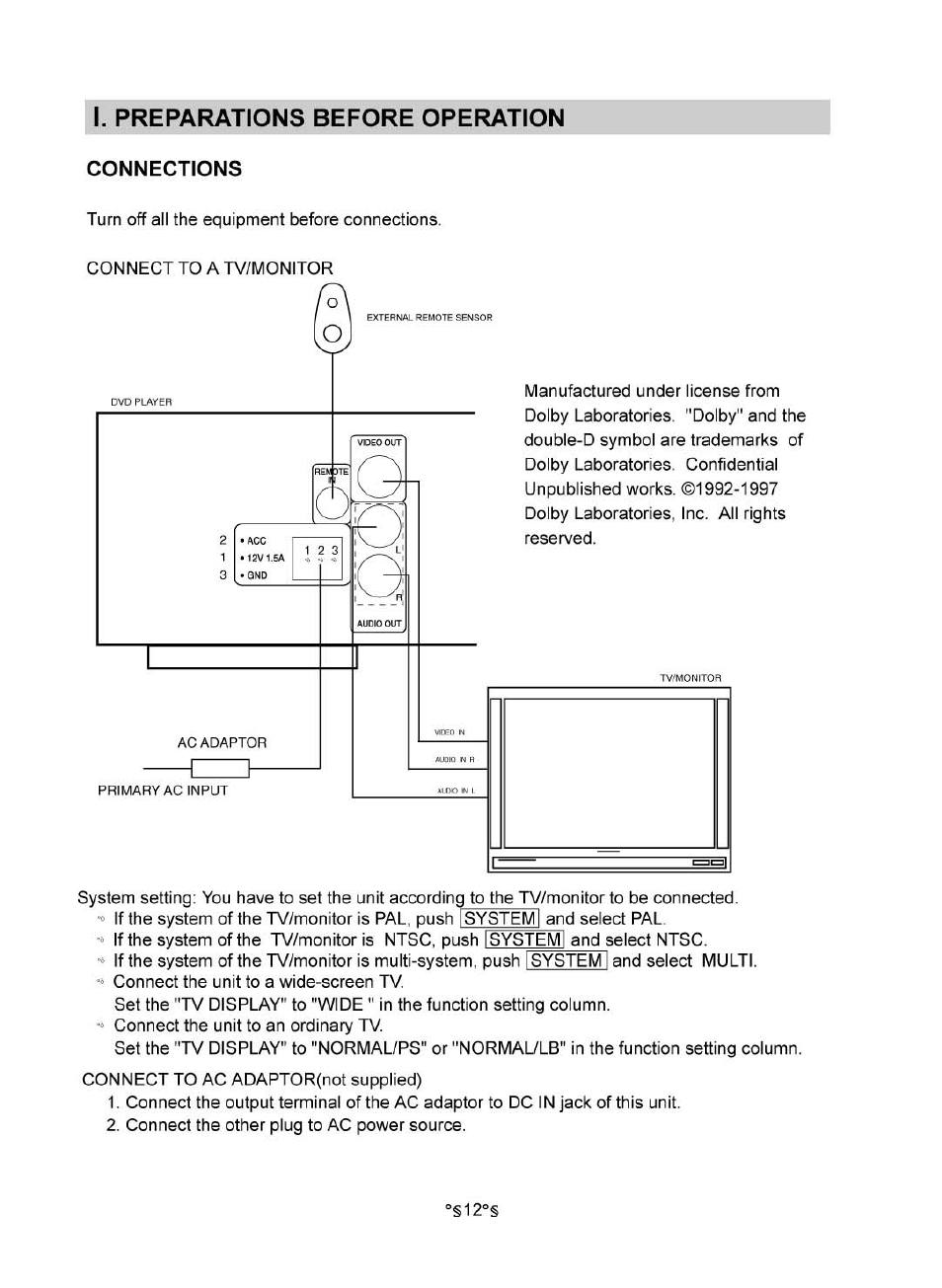 I. preparations before operation, Connections | Audiovox MVDV4A User Manual | Page 14 / 34
