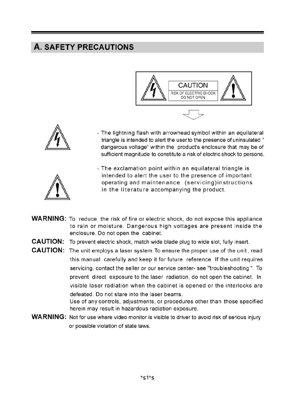 A. safety precautions, Caution, Caution: caution: warning | Warning | Audiovox MVDV4A User Manual | Page 2 / 34