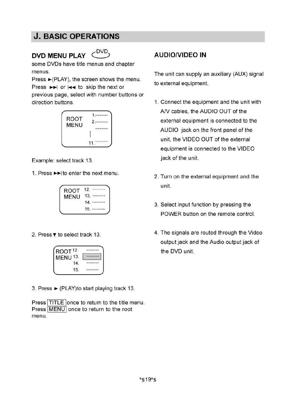 J. basic operations, Dvd menu play, Audioa/ideo in | Audiovox MVDV4A User Manual | Page 21 / 34