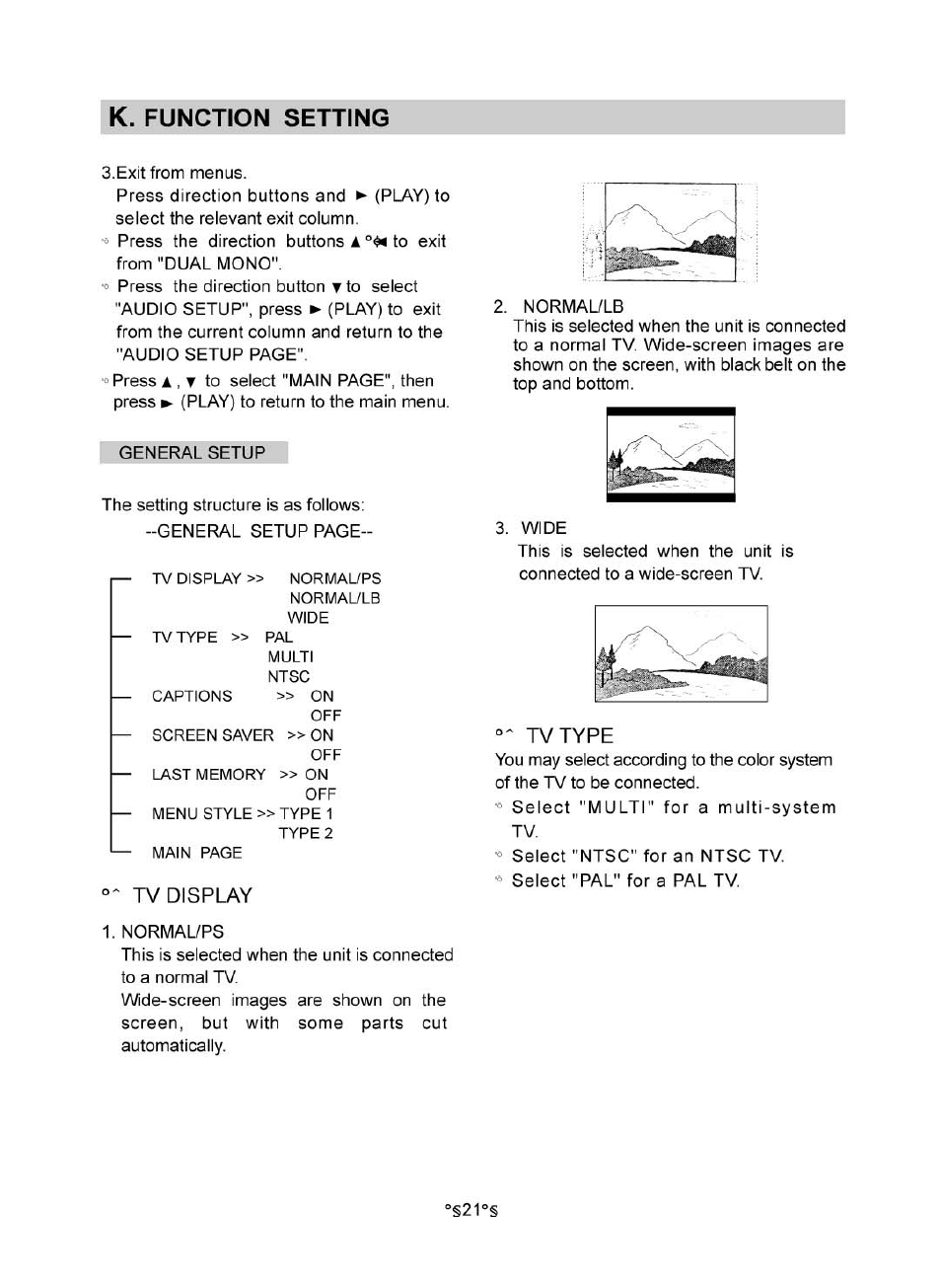 K. function setting, Tv display, Tv type | Audiovox MVDV4A User Manual | Page 23 / 34