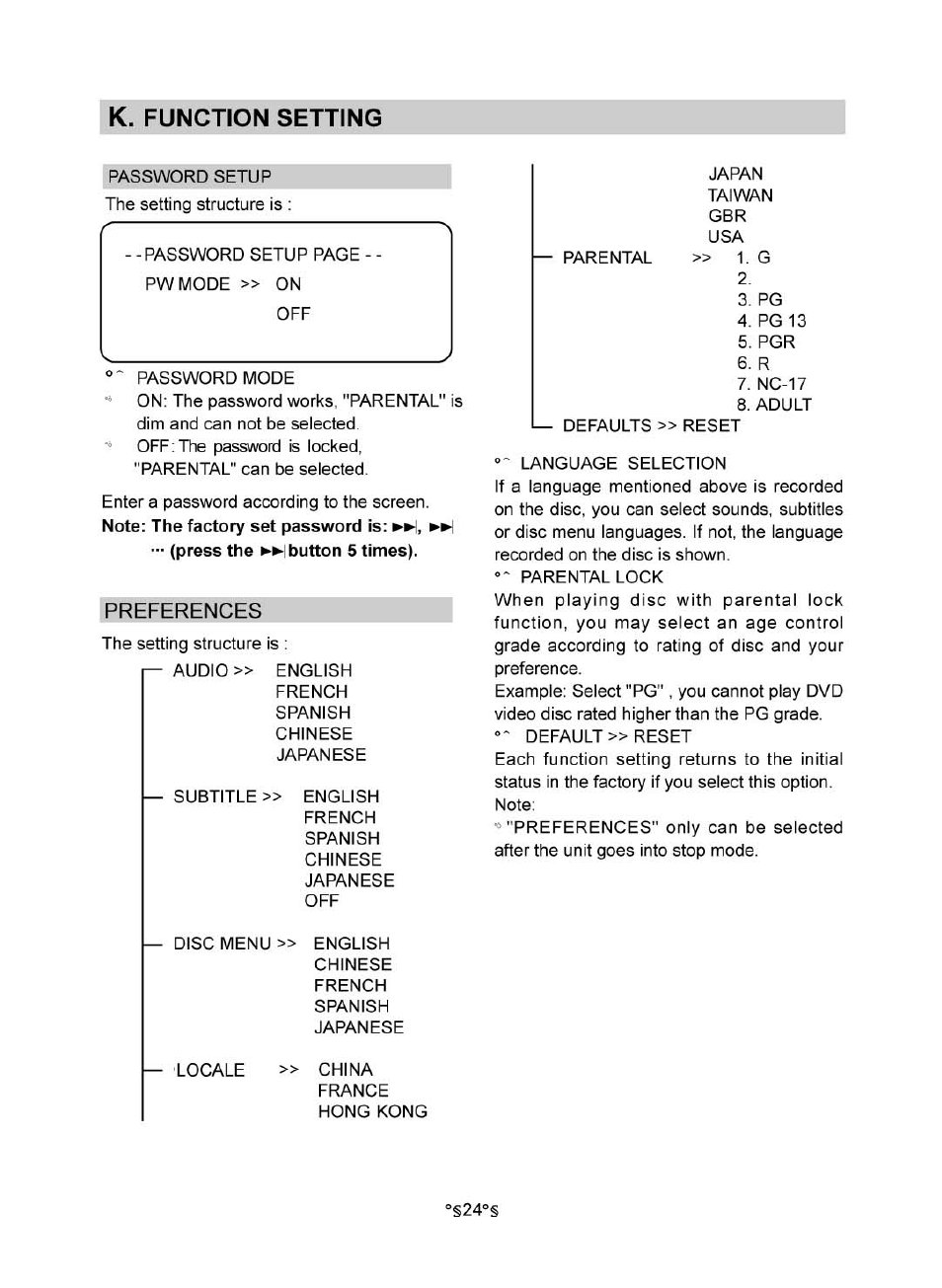 K. function setting, Preferences | Audiovox MVDV4A User Manual | Page 26 / 34