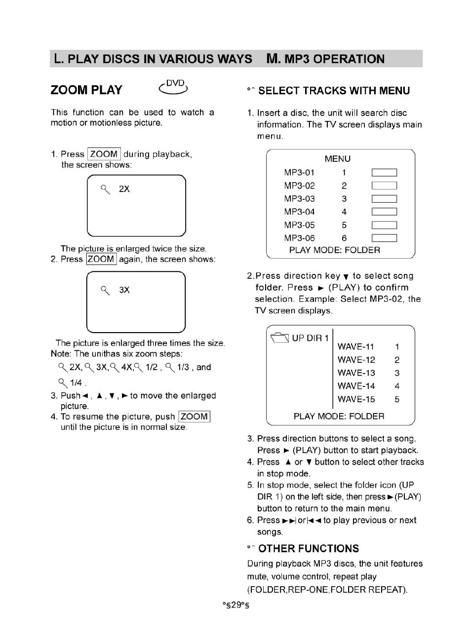 L. play discs in various ways m. mp3 operation, Zoom play, Select tracks with menu | Other functions | Audiovox MVDV4A User Manual | Page 31 / 34