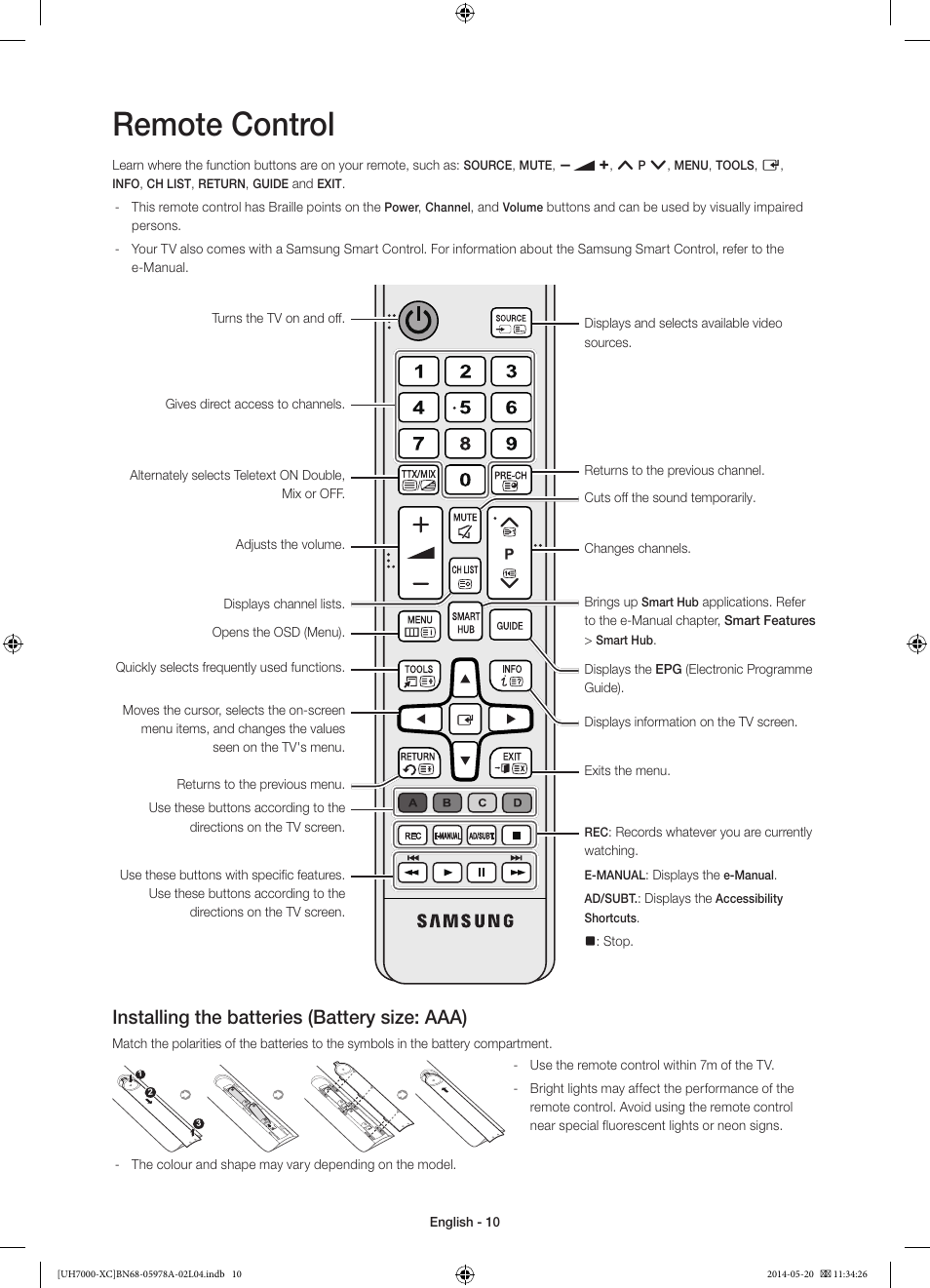 Remote control, Installing the batteries (battery size: aaa) | Samsung UE55H7000SL User Manual | Page 10 / 89