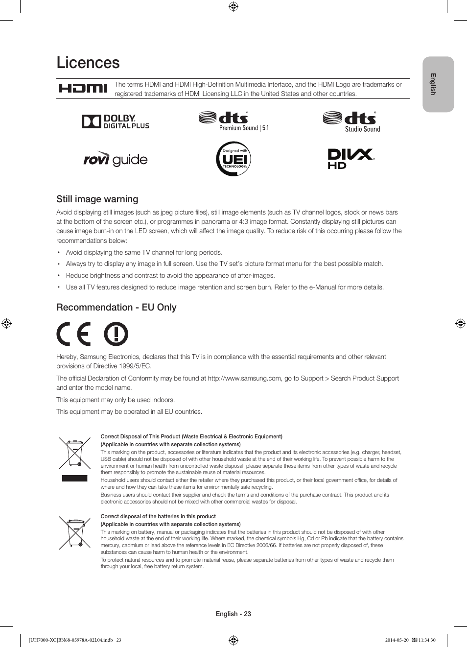 Licences, Still image warning, Recommendation - eu only | Samsung UE55H7000SL User Manual | Page 23 / 89