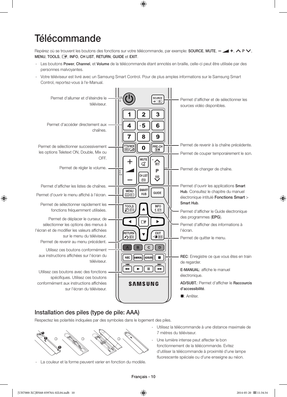 Télécommande, Installation des piles (type de pile: aaa) | Samsung UE55H7000SL User Manual | Page 32 / 89