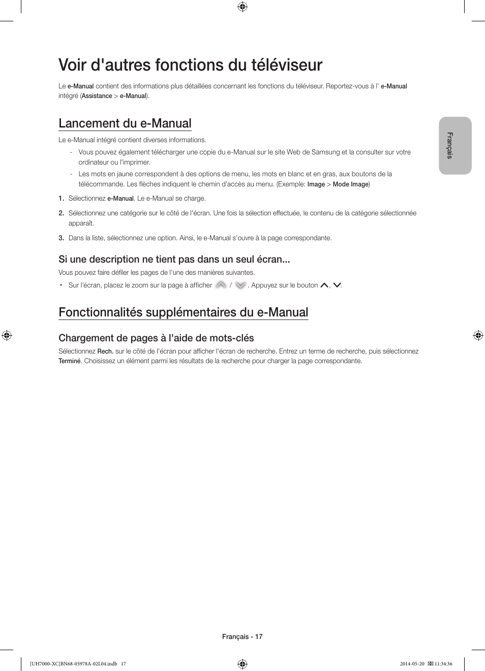 Voir d'autres fonctions du téléviseur, Lancement du e-manual, Fonctionnalités supplémentaires du e-manual | Si une description ne tient pas dans un seul écran, Chargement de pages à l'aide de mots-clés | Samsung UE55H7000SL User Manual | Page 39 / 89