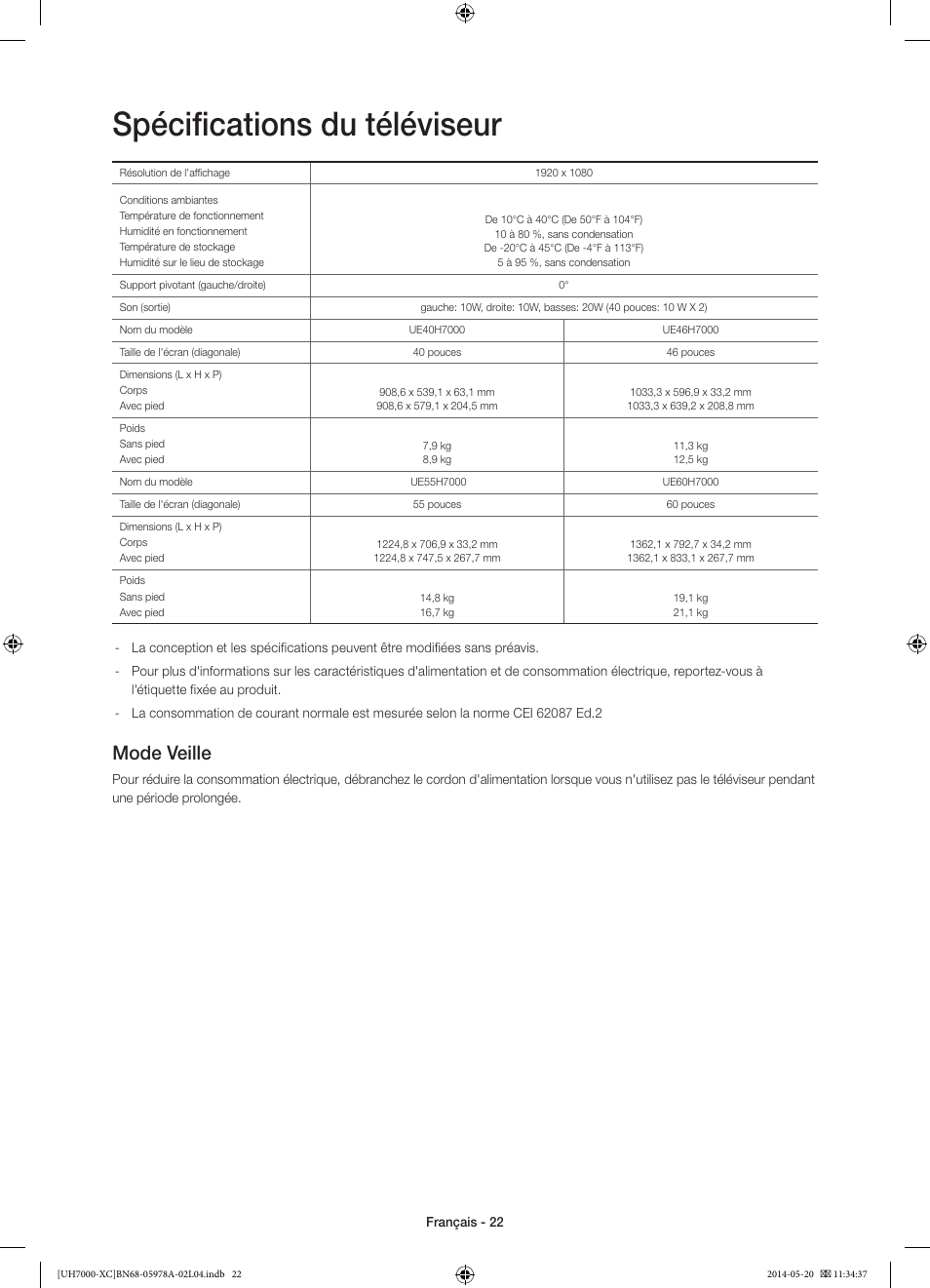 Spécifications du téléviseur, Mode veille | Samsung UE55H7000SL User Manual | Page 44 / 89