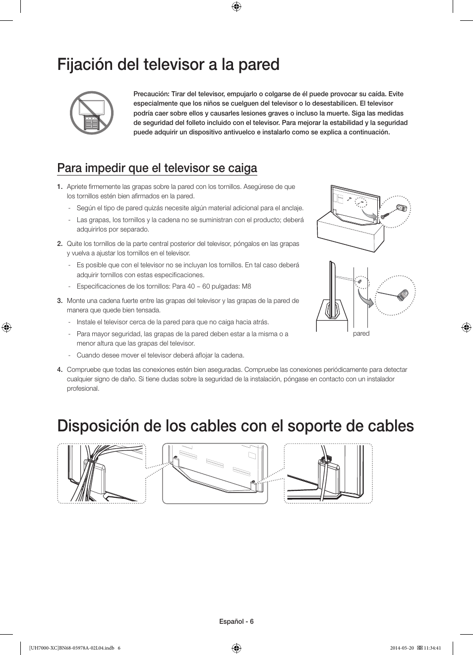 Fijación del televisor a la pared, Disposición de los cables con el soporte de cables, Para impedir que el televisor se caiga | Samsung UE55H7000SL User Manual | Page 50 / 89