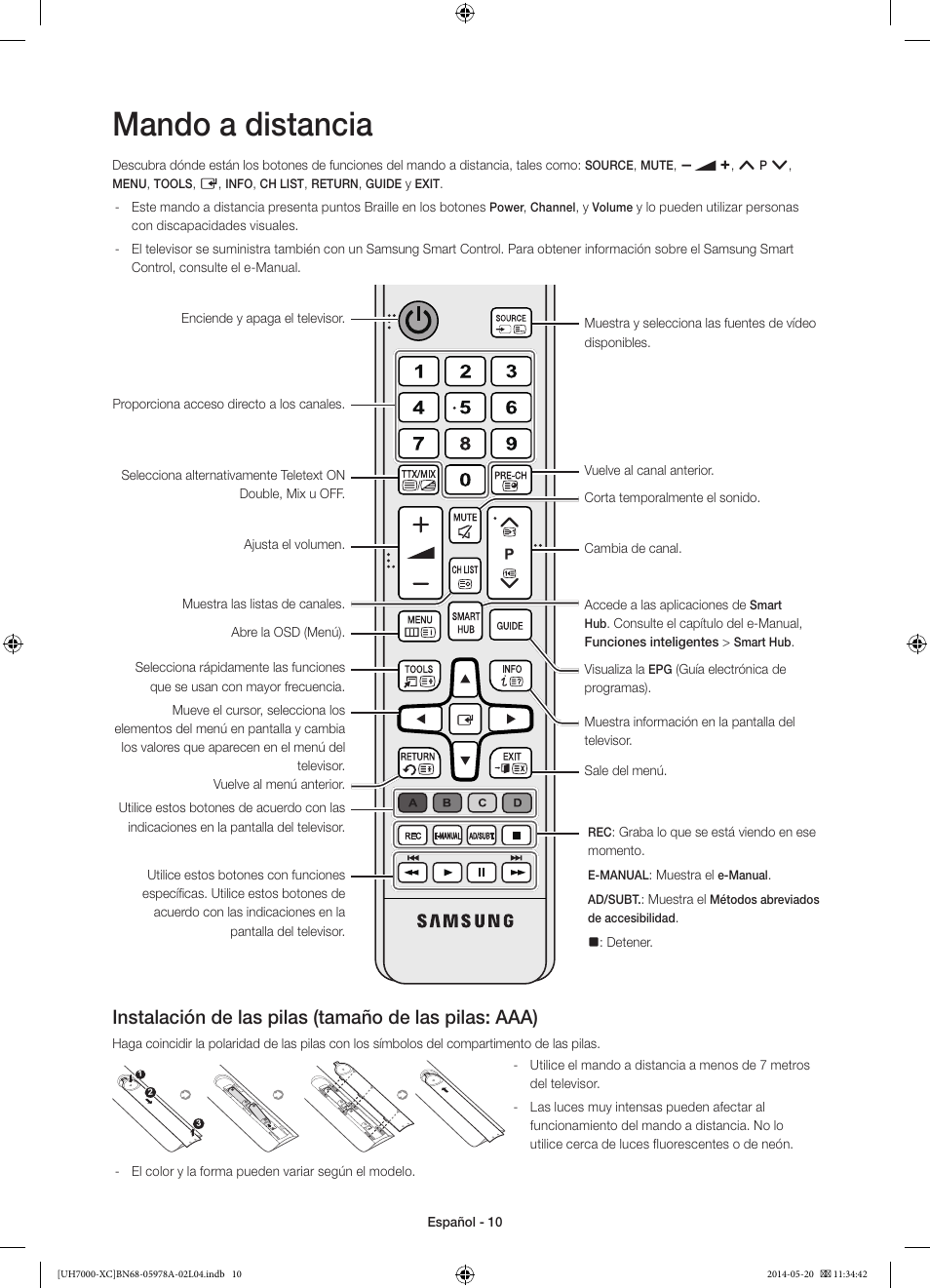 Mando a distancia | Samsung UE55H7000SL User Manual | Page 54 / 89