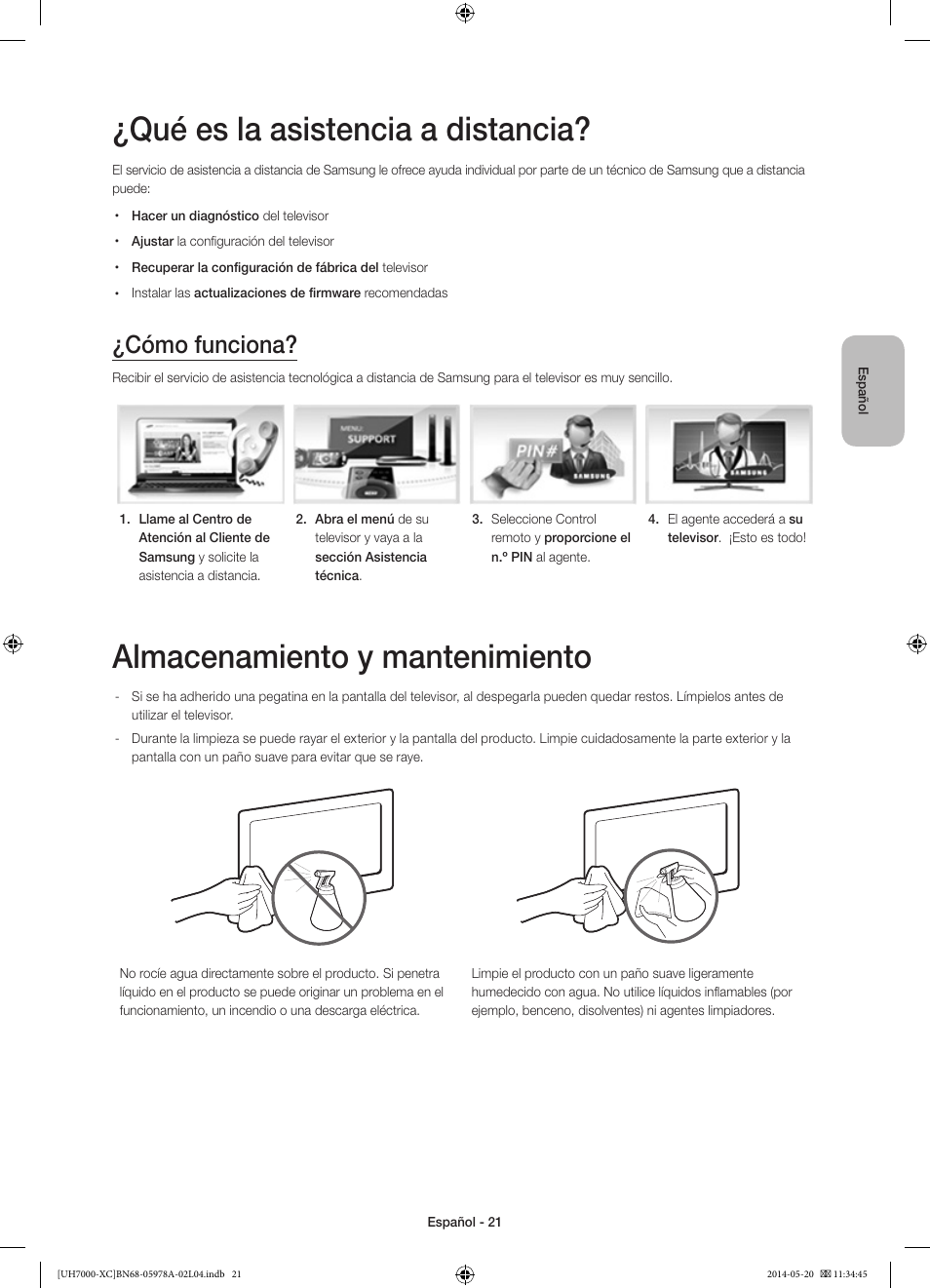 Qué es la asistencia a distancia, Almacenamiento y mantenimiento, Cómo funciona | Samsung UE55H7000SL User Manual | Page 65 / 89