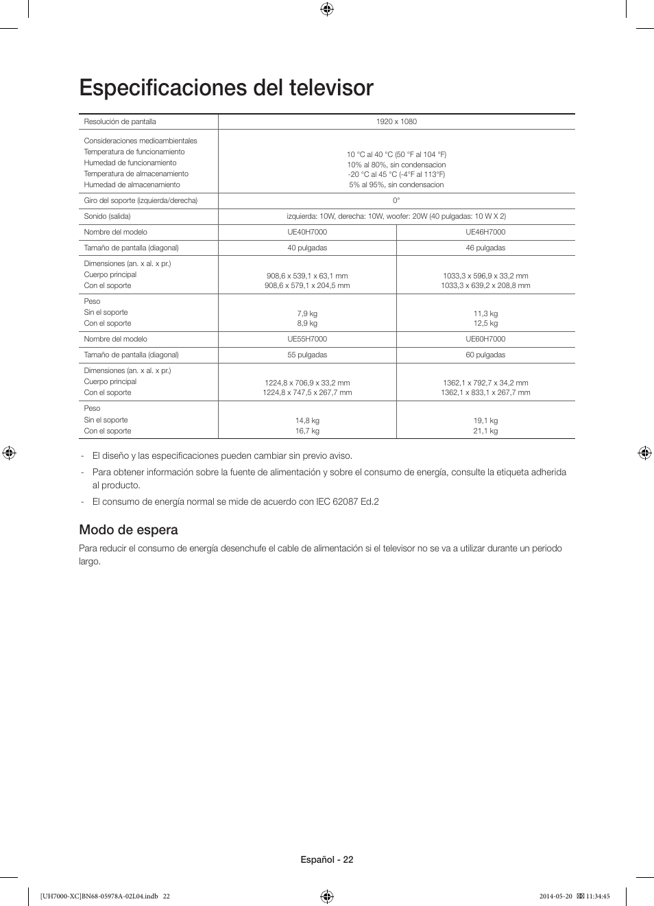 Especificaciones del televisor, Modo de espera | Samsung UE55H7000SL User Manual | Page 66 / 89