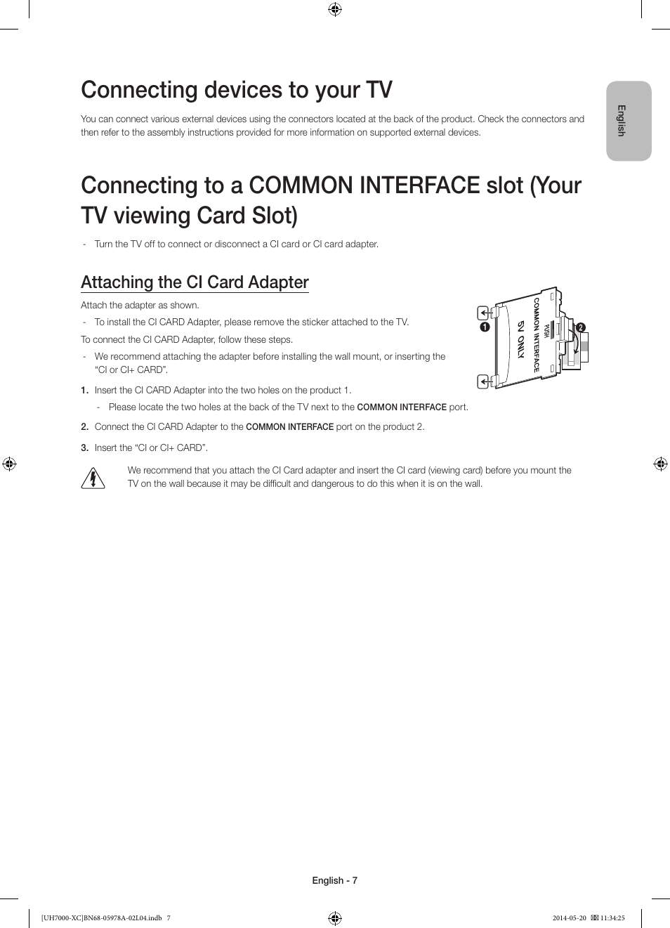 Connecting devices to your tv, Attaching the ci card adapter | Samsung UE55H7000SL User Manual | Page 7 / 89