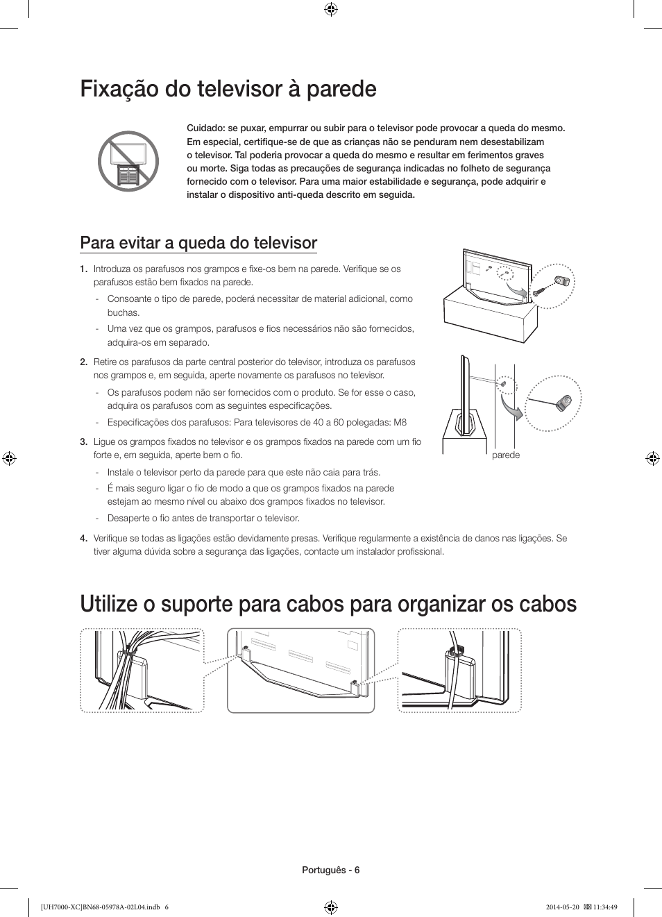 Fixação do televisor à parede, Para evitar a queda do televisor | Samsung UE55H7000SL User Manual | Page 72 / 89