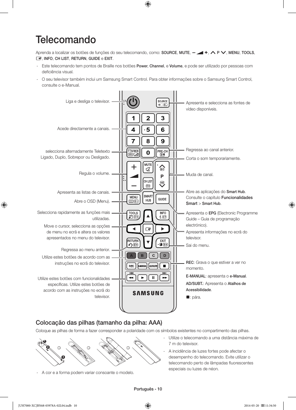 Telecomando, Colocação das pilhas (tamanho da pilha: aaa) | Samsung UE55H7000SL User Manual | Page 76 / 89