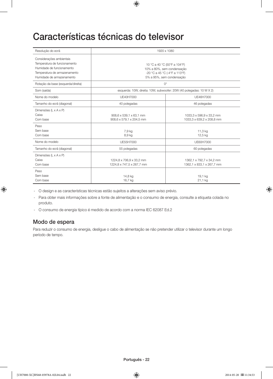 Características técnicas do televisor, Modo de espera | Samsung UE55H7000SL User Manual | Page 88 / 89