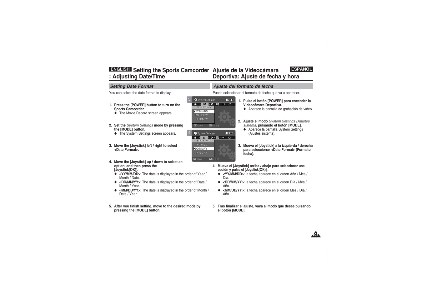 Setting the sports camcorder : adjusting date/time | Samsung VP-X210L User Manual | Page 105 / 145