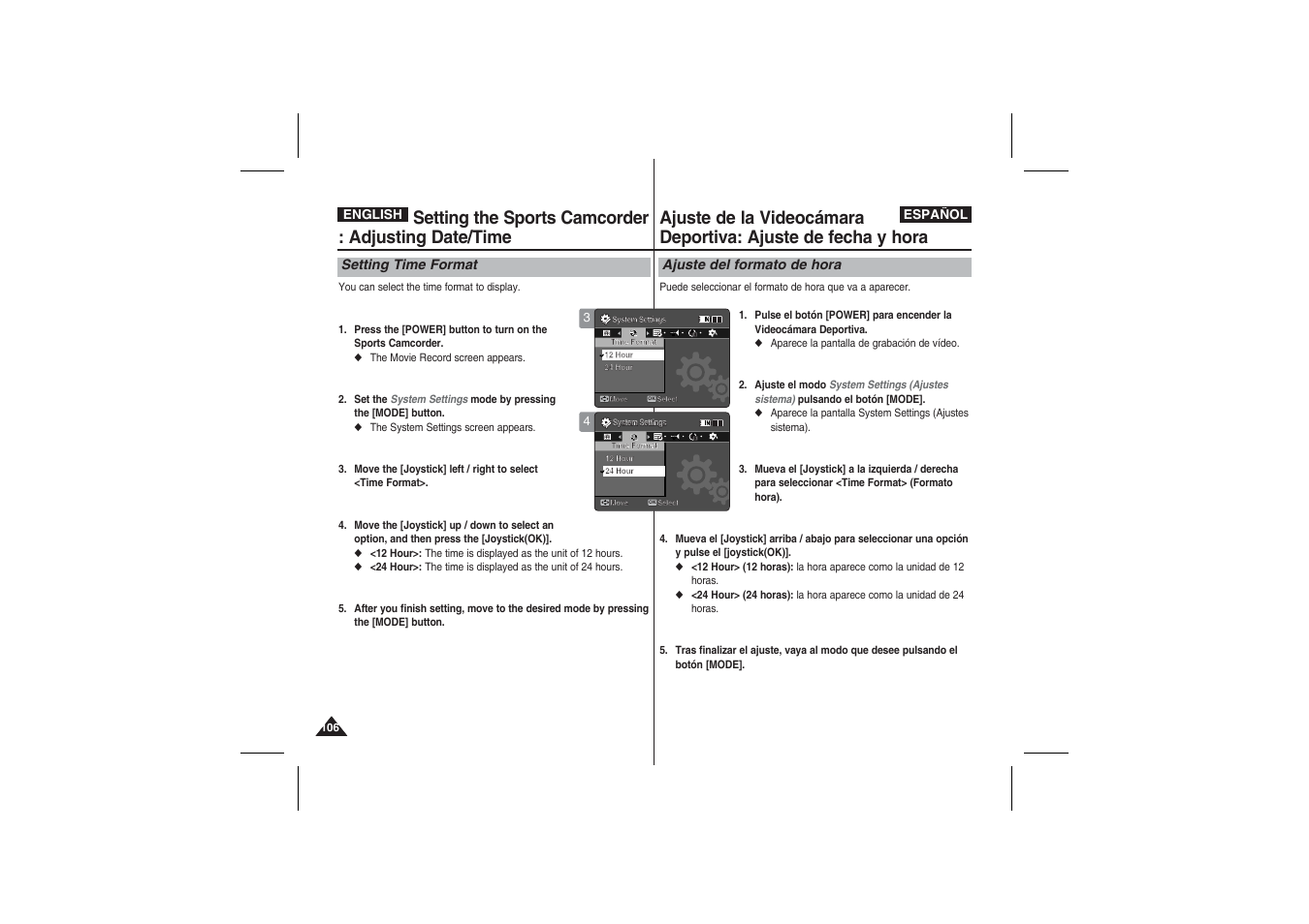 Setting the sports camcorder : adjusting date/time, Setting time format, Ajuste del formato de hora | Samsung VP-X210L User Manual | Page 106 / 145