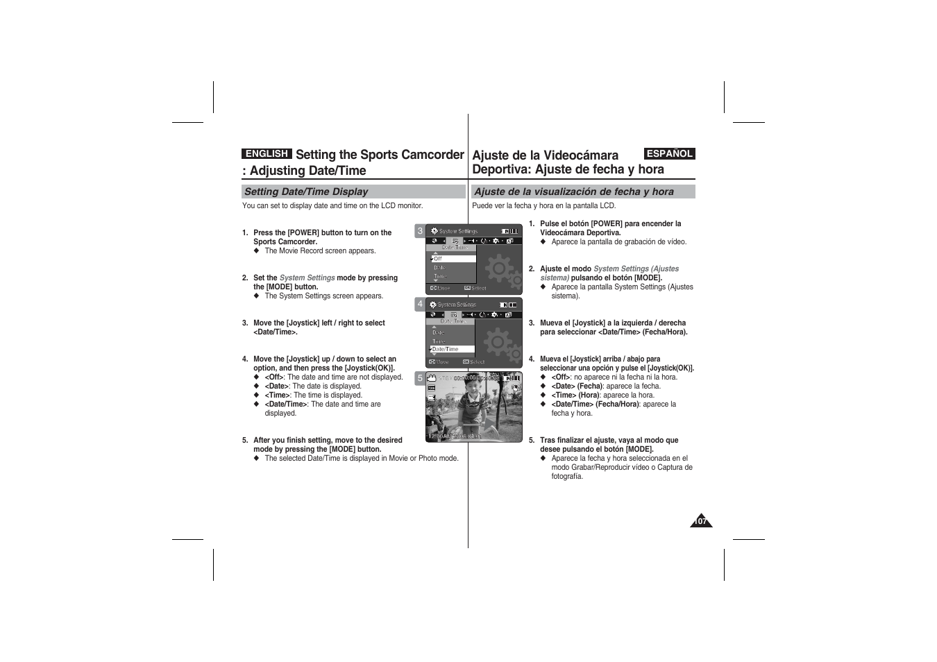 Setting the sports camcorder : adjusting date/time, Setting date/time display, Ajuste de la visualización de fecha y hora | Samsung VP-X210L User Manual | Page 107 / 145