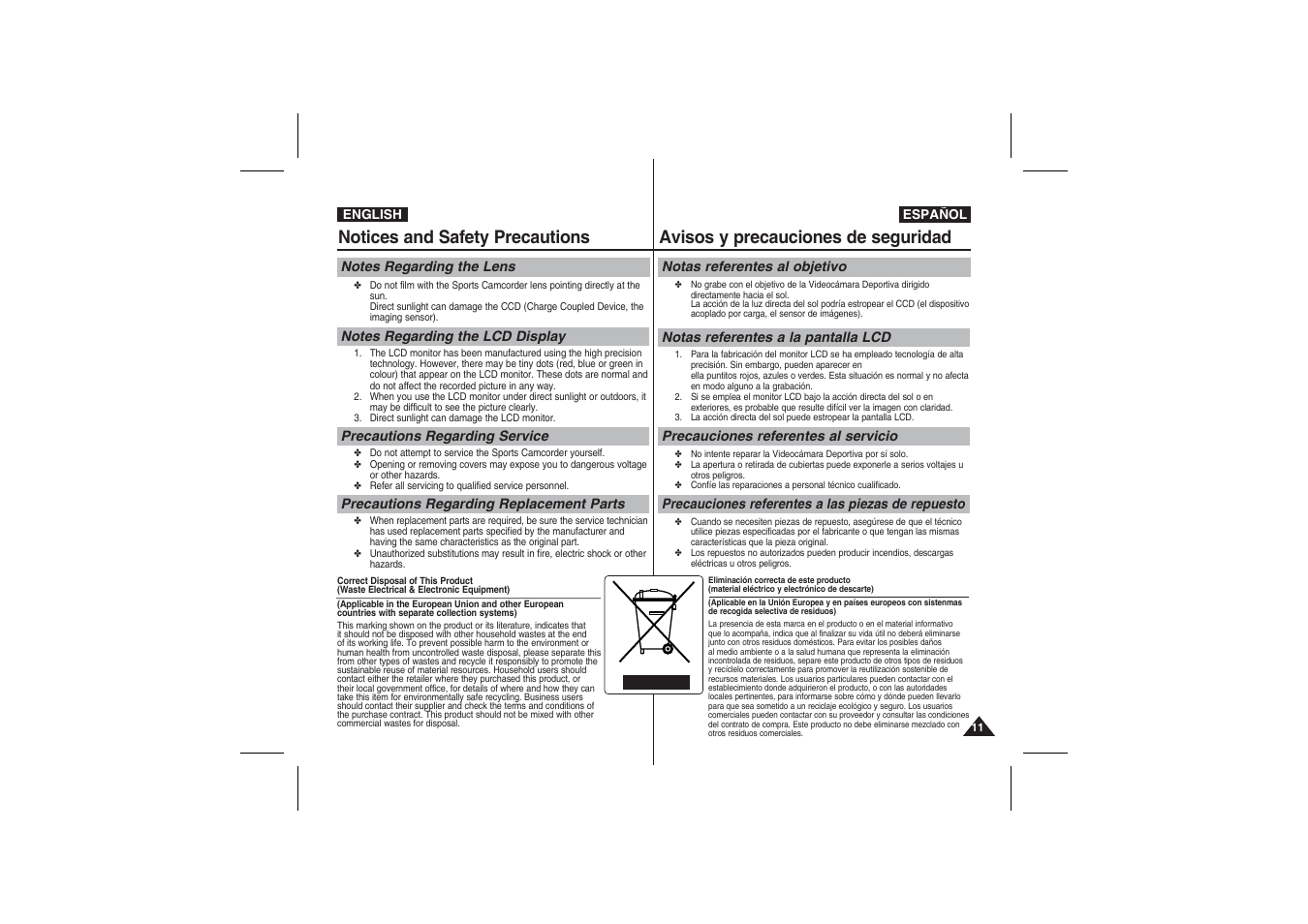 Notices and safety precautions, Avisos y precauciones de seguridad | Samsung VP-X210L User Manual | Page 11 / 145