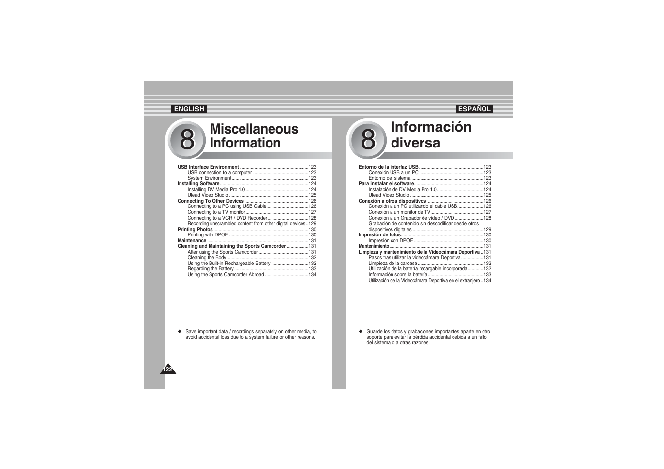 Miscellaneous information, Información diversa | Samsung VP-X210L User Manual | Page 122 / 145