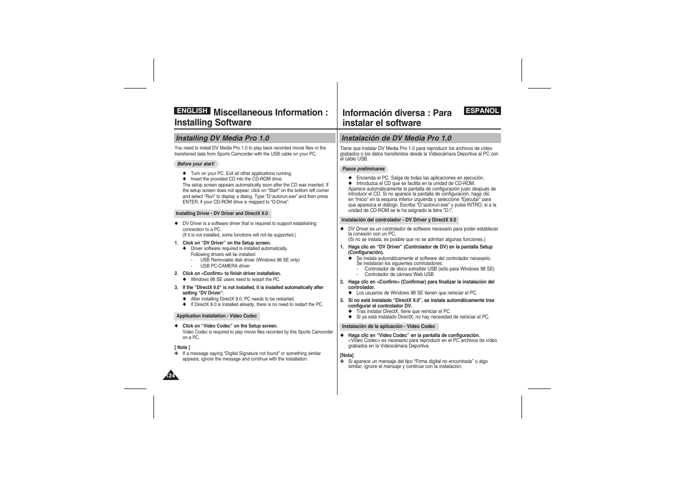 Miscellaneous information : installing software, Información diversa : para instalar el software | Samsung VP-X210L User Manual | Page 124 / 145