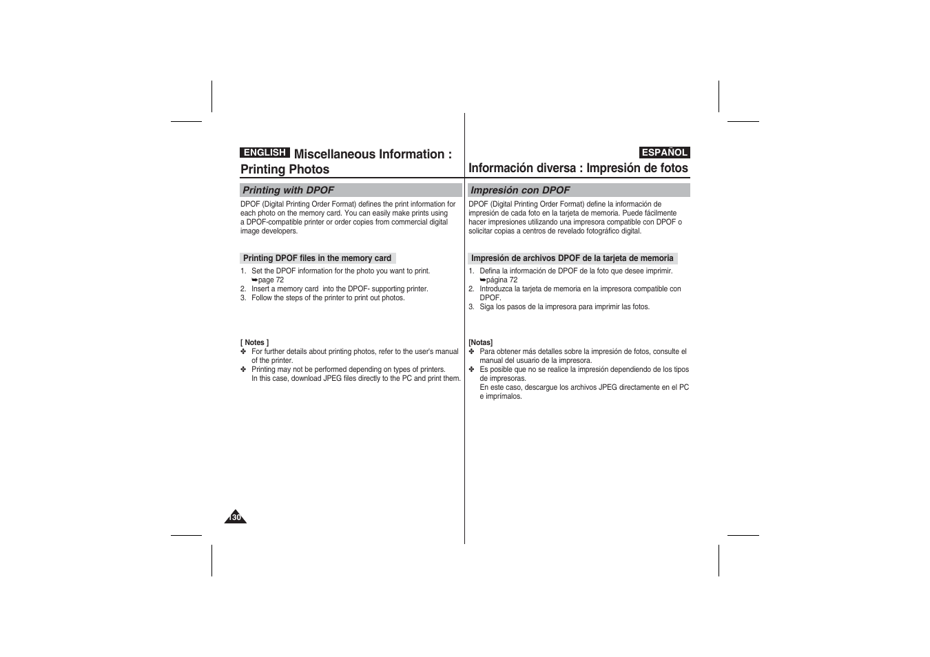 Miscellaneous information : printing photos, Información diversa : impresión de fotos | Samsung VP-X210L User Manual | Page 130 / 145
