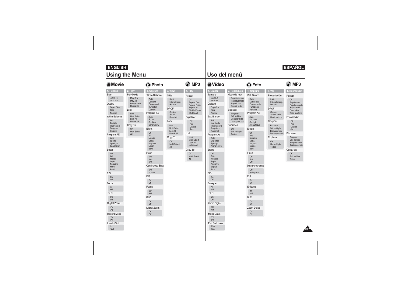 Using the menu, Uso del menú, Movie | Vídeo, Photo, Foto | Samsung VP-X210L User Manual | Page 137 / 145